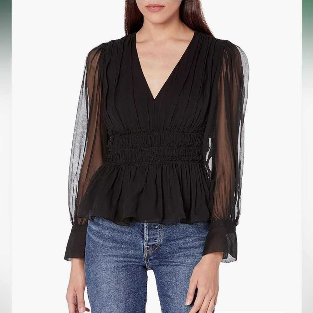 Rebecca Taylor Size 4 Black Sheer Sleeve Blouse